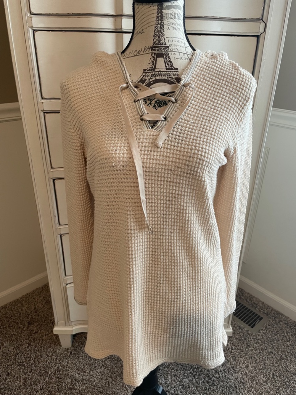 Quiet Storm Cream Waffle-Knit Lace-Up Hooded Tunic